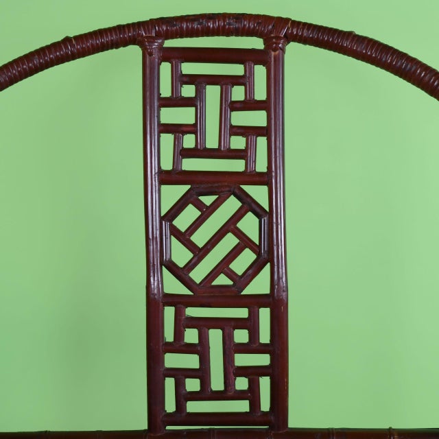 Late 20th Century Pair of Chinoiserie Burgundy Barrel Chairs For Sale - Image 5 of 6