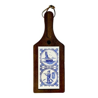 Mid 20th Century Gustavian Boho Chic Delft Style Tile & Wood Trivet. For Sale