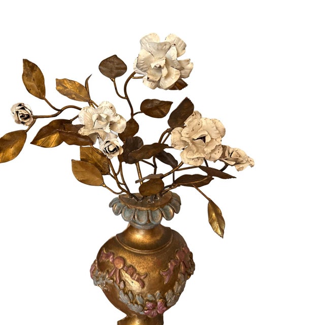 Antique Italian Gilded Wood Middle Urns With Metal Flowers- A Pair For Sale In West Palm - Image 6 of 7