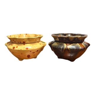 Pair of Vintage Two-Piece Drip Glaze Studio Pottery Planters For Sale