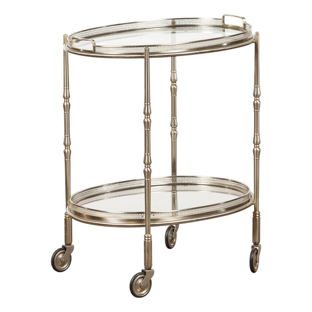 Italian Oval Midcentury Steel Trolley with Pierced Gallery and Mirrored Shelves For Sale
