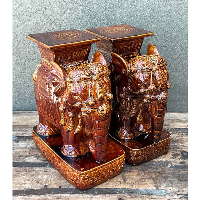 Late 20th Century Vintage Glazed Ceramic Elephant Low Stools - A Pair For Sale - Image 5 of 12