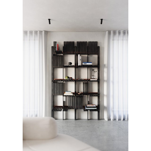 Brown Modern Shelving System Handcrafted Honey Stained Wood on the Steel Frame Modular Shelves 500 Mm For Sale - Image 8 of 16
