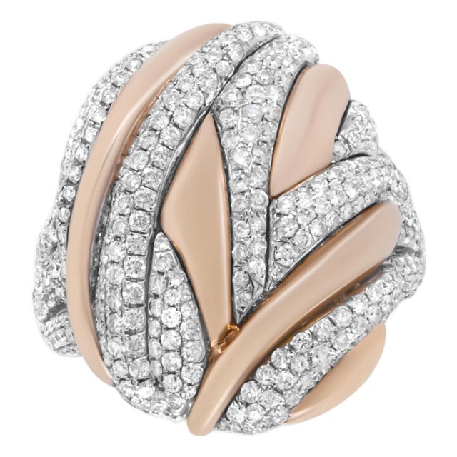 18K Rose and White Gold 1 7/8 Cttw Diamond and Gold Textured Dome Cocktail Ring (F-G Color, VS1-VS2 Clarity) - Size 6.5 For Sale