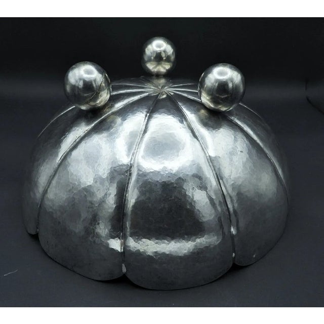 1940s Vintage Asian Silver Lotus Blossom Peened Decorative Centerpiece Serving Bowl For Sale - Image 5 of 8
