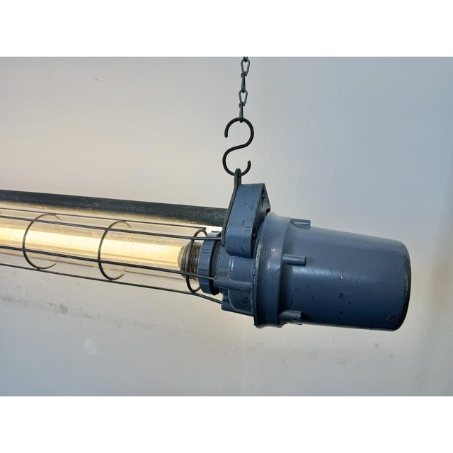Large Soviet Industrial Grey Hanging Tube Light, 1970s For Sale - Image 17 of 18