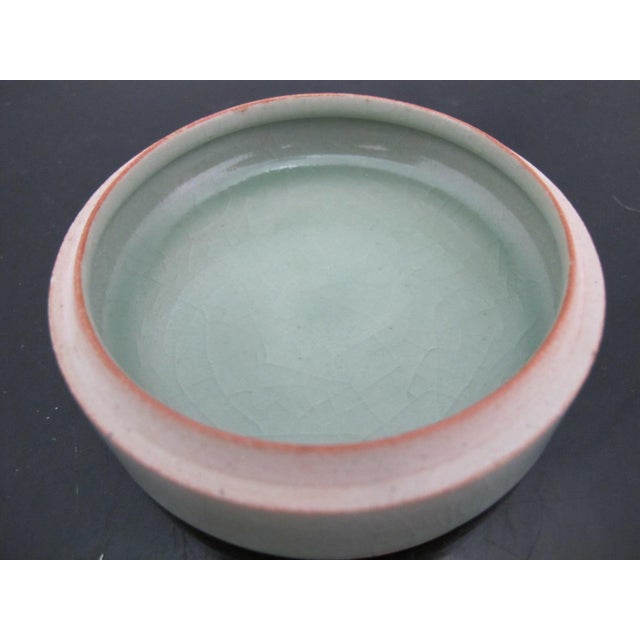 Thai Celadon Round Pottery Lidded Box With Lotus Flower & Leaves Motif For Sale - Image 9 of 9