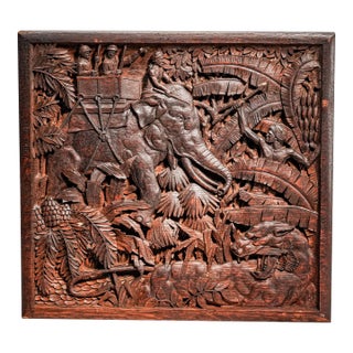 Fascinated Large Antique Colonial India Hand Carved Wood Plaque Anglo-Indian Elephant Tiger Safari Wall Panel British Raj Art Home Decor For Sale