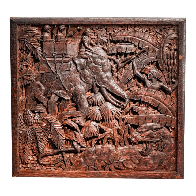 Fascinated Large Antique Colonial India Hand Carved Wood Plaque Anglo-Indian Elephant Tiger Safari Wall Panel British Raj Art Home Decor For Sale