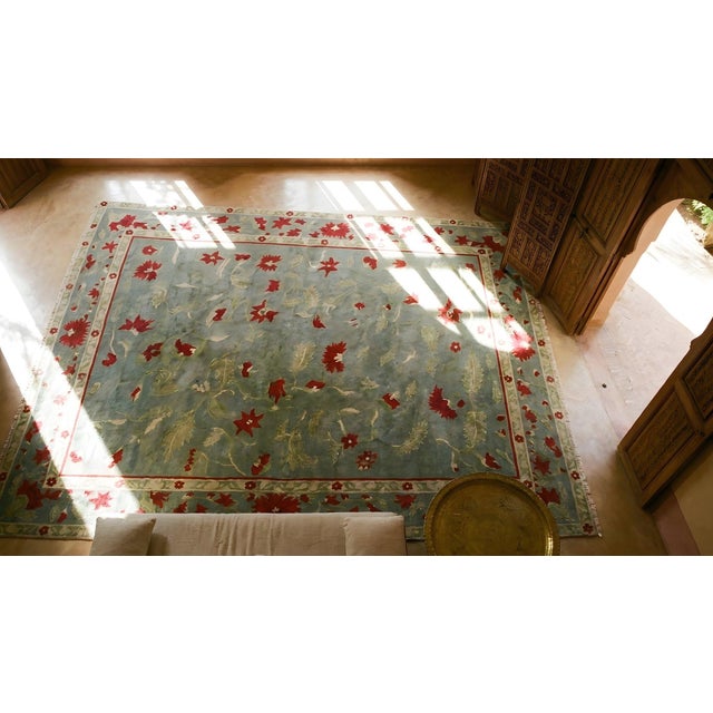 Awesome Green Ground Color With Striking Red Flowers in a Floral Design Antique Chinese Art Deco Rug For Sale - Image 13 of 15