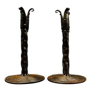 Vintage Brutalist Studio Iron Metal Art Candlestick Holders - a Pair For Sale