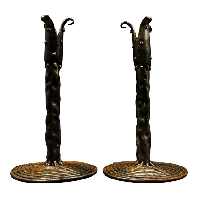 Vintage Brutalist Studio Iron Metal Art Candlestick Holders - a Pair For Sale
