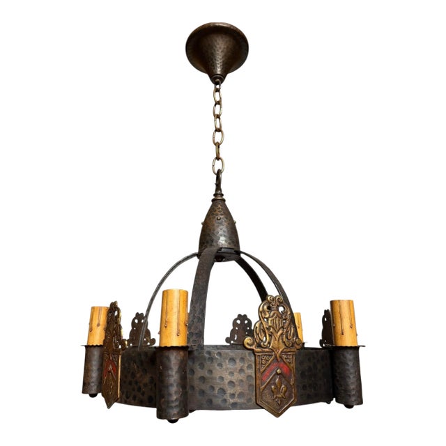 1920s Bronzed Iron and Brass Knight and Fleur De Lis Chandelier For Sale