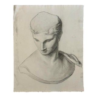 Antique French Charcoal Drawing of Greek Male Statue Bust on Wove Paper For Sale