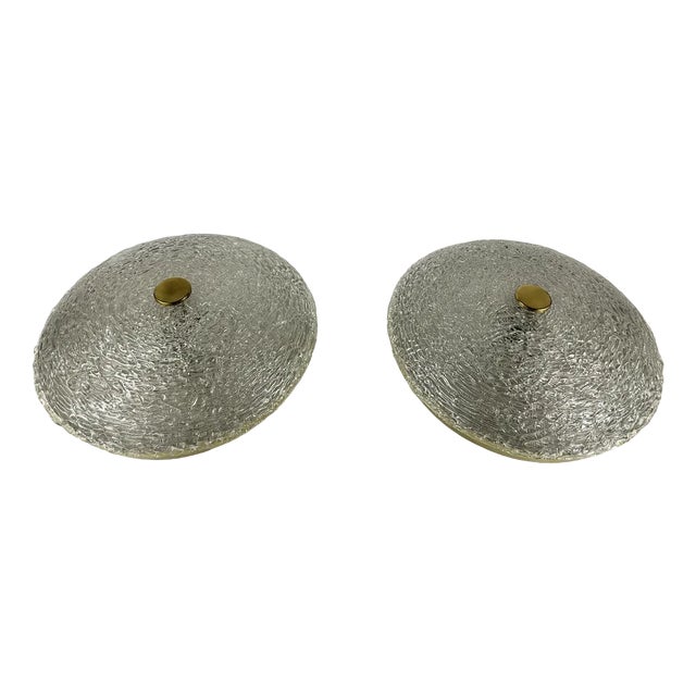 Glass Flush Mounts with Gilt Brass Trims, 1970s, Set of 2 For Sale