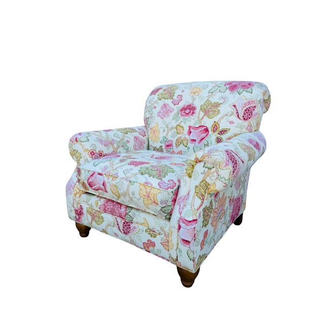 Wood Clayton Marcus English Roll-Arm Club Chairs, Pair – Floral Botanical Chintz Upholstered Lounge Chairs For Sale - Image 7 of 16