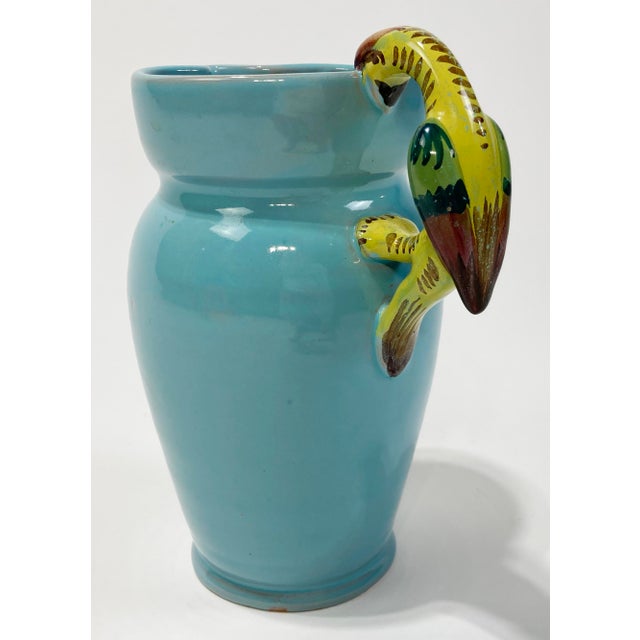 Figurative Vintage Turquoise Studio Pottery Pitcher With Parrott Handle For Sale - Image 3 of 10
