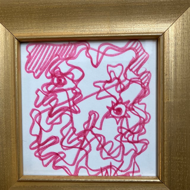 Original 6 x 6 pink marker drawing on paper signed bottom right Overall size with frame is approximately 9.5 x 9.5