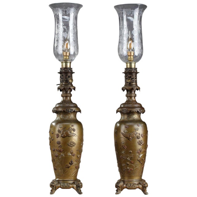 Chinese Style Kerosene Lamps with Birds, Set of 2 For Sale