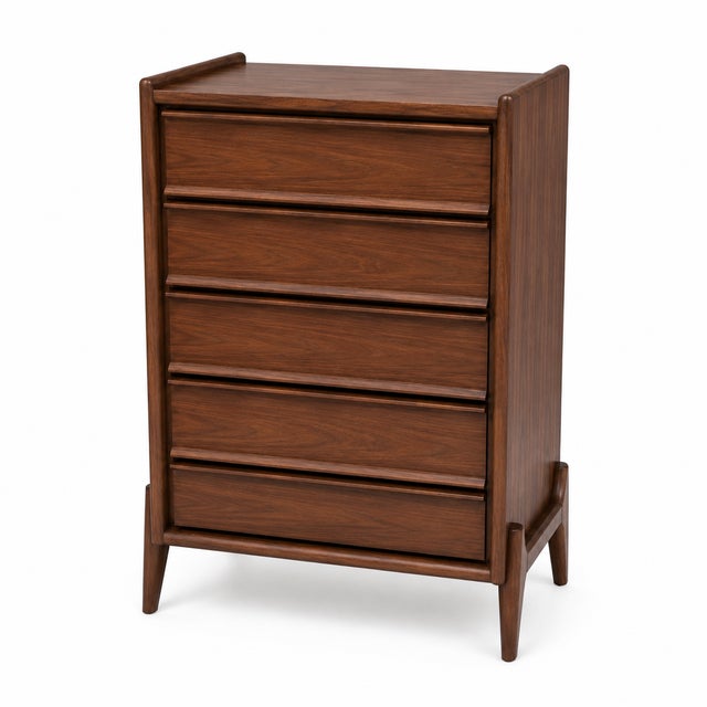 This timeless mid century walnut highboy chest of drawers .. This classic piece is built with solid materials and features...
