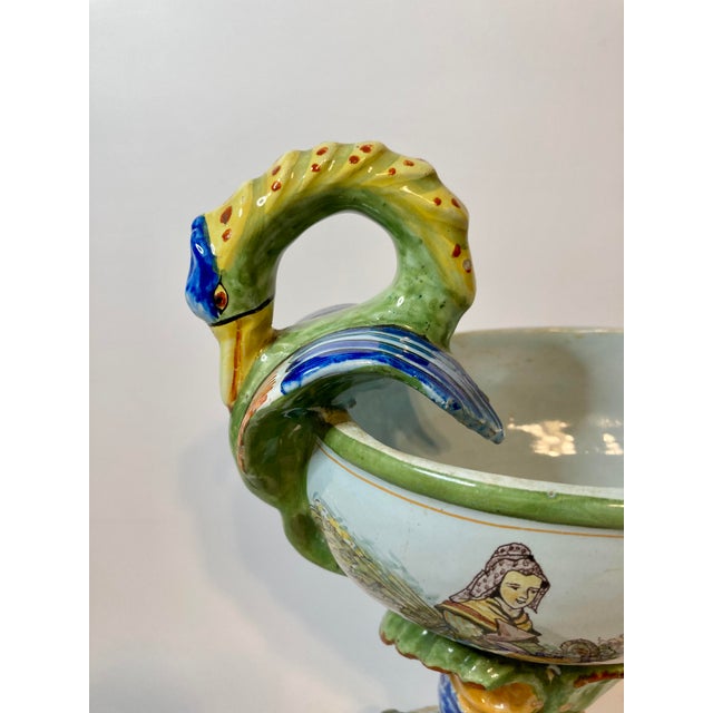 Ceramic Antique French Quimper Porquier-Beau Footed Compote With Swan Handle For Sale - Image 7 of 16
