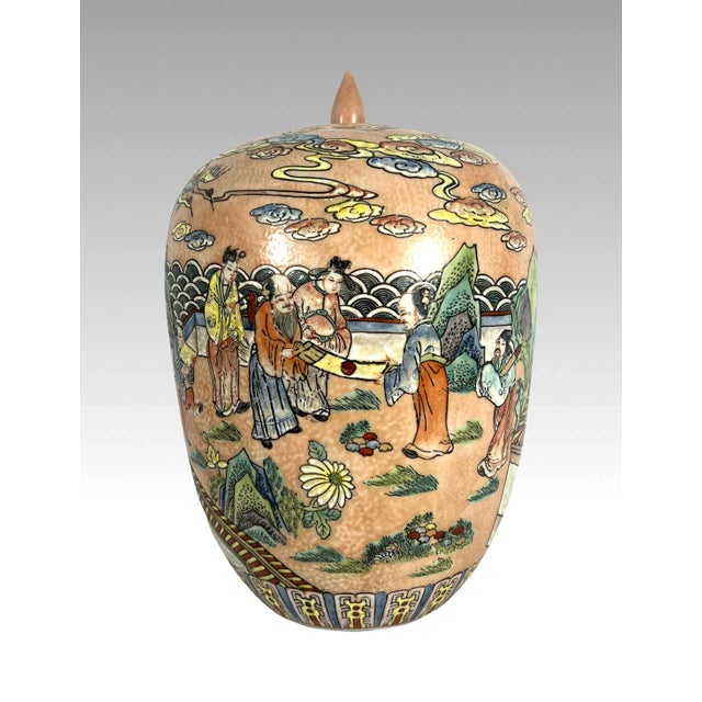 Chinoiserie Antique Chinese Peach Orange Pavillion Ginger Jar With Celebration Parade and Red Crowned Cranes For Sale - Image 3 of 12