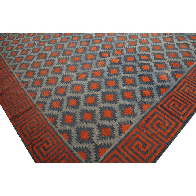 Early 20th Century Astonishing Wave Fret Border With Red Diamond Design Square Indian Cotton Dhurrie Rug For Sale - Image 5 of 6