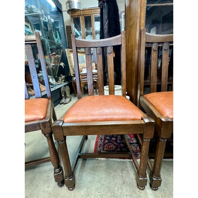 Set of 6 Oak Carved Chairs Mission Arts & Crafts For Sale - Image 4 of 5