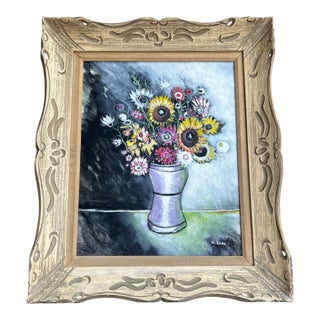 1970’s Original Folk Art Bouquet of Flowers Still Life Painting in Carved Wood Frame For Sale
