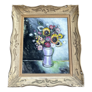 1970’s Original Folk Art Bouquet of Flowers Still Life Painting in Carved Wood Frame
