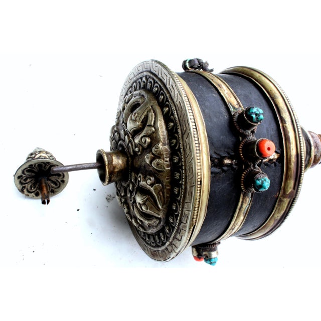 18" Tibetan Prayer Wheel W/Inner Scroll Inlaid Silver 19th Century Monastery Ritual For Sale - Image 13 of 18