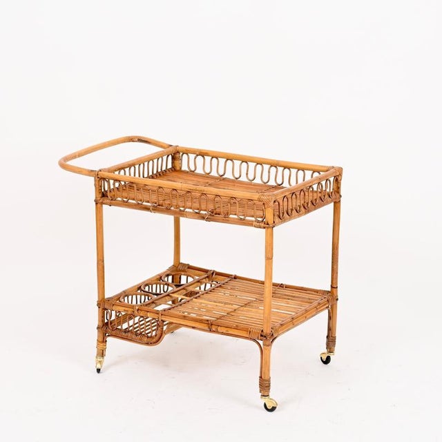 Vintage Italian Rattan and Wicker Serving Bar Cart by Franco Albini, Italy, 1960s For Sale - Image 3 of 15