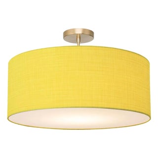 Stretch Semi Flush Mount, Mustard Linen Shade, Weathered Brass For Sale