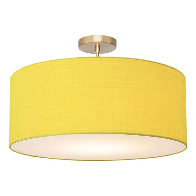 Stretch Semi Flush Mount, Mustard Linen Shade, Weathered Brass For Sale