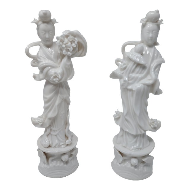 Lenwile Ardalt Verithin Japan Porcelain Blanc De Chine Pair Goddess Figurines 11" Tall Vintage For Sale