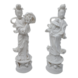 Lenwile Ardalt Verithin Japan Porcelain Blanc De Chine Pair Goddess Figurines 11" Tall Vintage