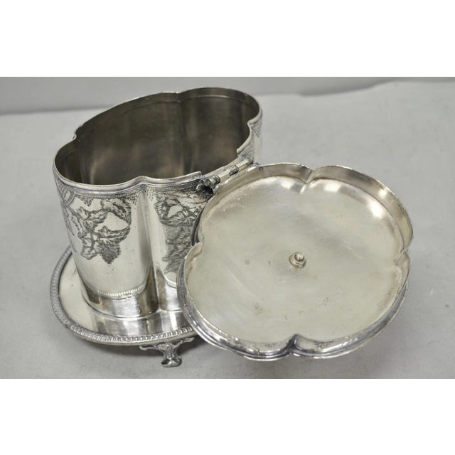 Antique Victorian Silver Plated Etched Footed Hinged Biscuit Barrel Jar on Stand For Sale - Image 18 of 18