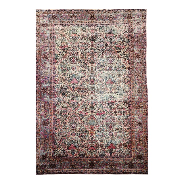 Vintage Oversized Persian Kerman Lavar Rug, Hand-Knotted Wool, Allover Floral Vase Pattern, Ivory & Turquoise, 9’ X 14’ For Sale