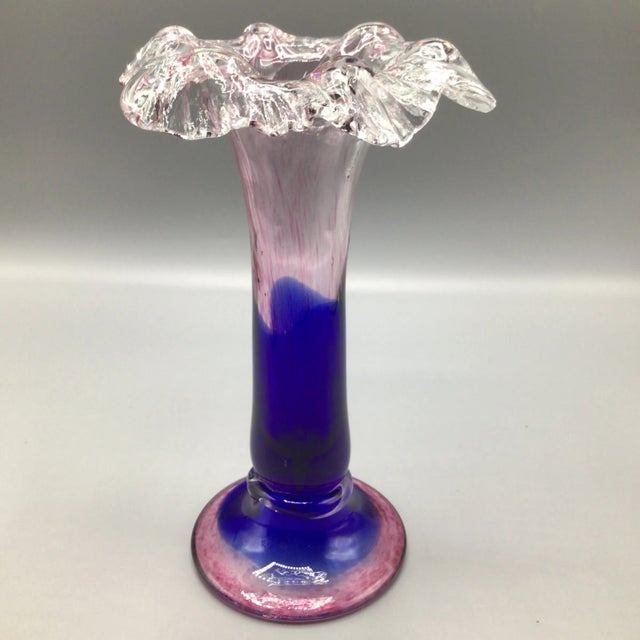 Murano Colbalt Blue With Pink Swirl Floral Studio Art Glass Vases - A Pair For Sale - Image 10 of 12