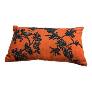 Orange + Dark Green Embroidered Lumbar Pillow For Sale