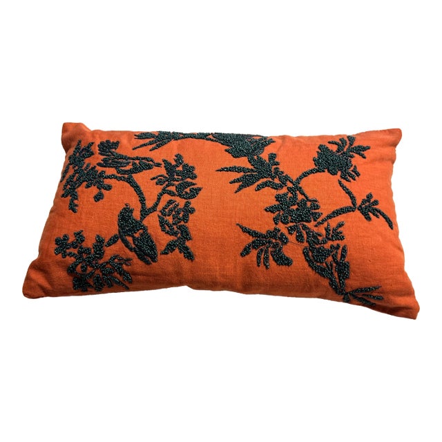 Orange + Dark Green Embroidered Lumbar Pillow For Sale