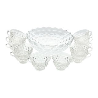 1950s Fostoria “American” 13-Piece Glass Punch Bowl & Cups Set For Sale