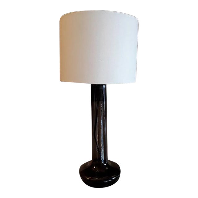 Vintage Table Lamp with Smoked Glass Base and Cream Fabric Shade from Pileprodukter Landskrona, Sweden, 1970s For Sale