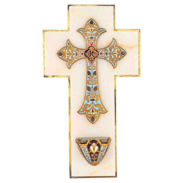 Antique French Alabaster Champleve Enamel Holy Water Font Stoop, 1800s For Sale - Image 18 of 18
