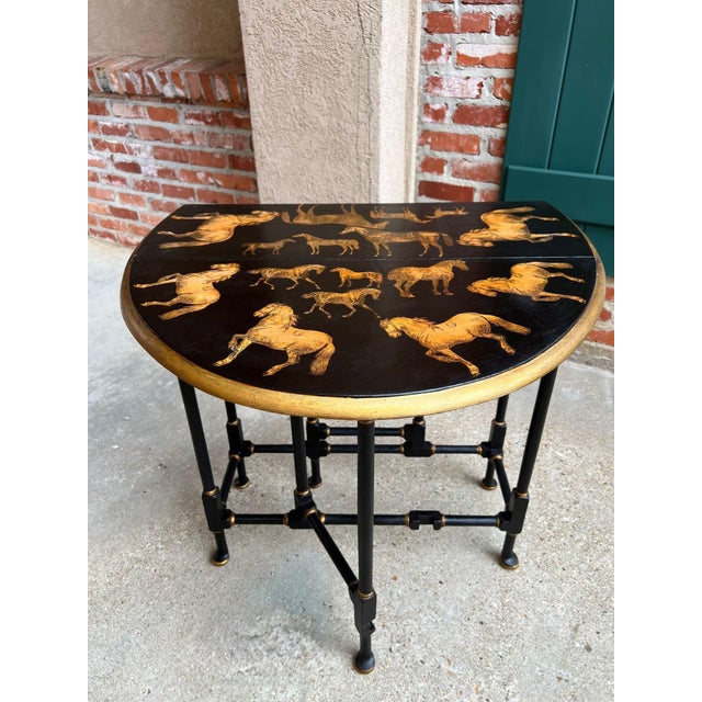 1930s Antique English Drop Leaf Side Table Horse Equestrian Chinoiserie Petite Oak For Sale - Image 5 of 18