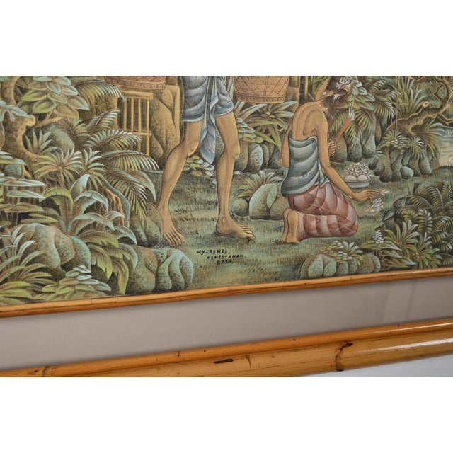 Mid-Century Balinese Painting on Silk with Bamboo and Woven Rattan Frame, 1960s For Sale - Image 6 of 16