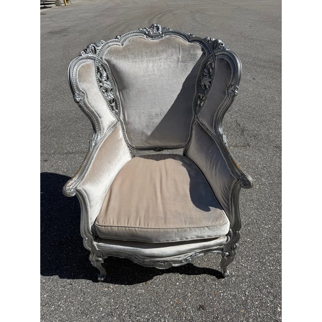 Vintage Painted Silver Leaf Upholstered Wingback Chair For Sale - Image 14 of 14