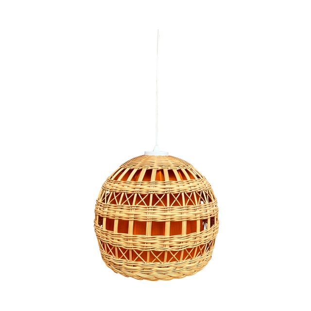 Mid-century modern ceiling lamp made in Poland in the 1960s. Chandelier with wicker shade, plastic wiring, brown. Lamp for...
