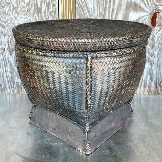Mid 20th Century Vintage Woven Rattan Lidded Basket For Sale - Image 5 of 7