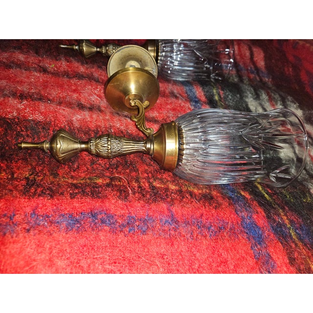 Vintage Brass Wall Candle Sconces With Etched Glass Torch, Set of Two